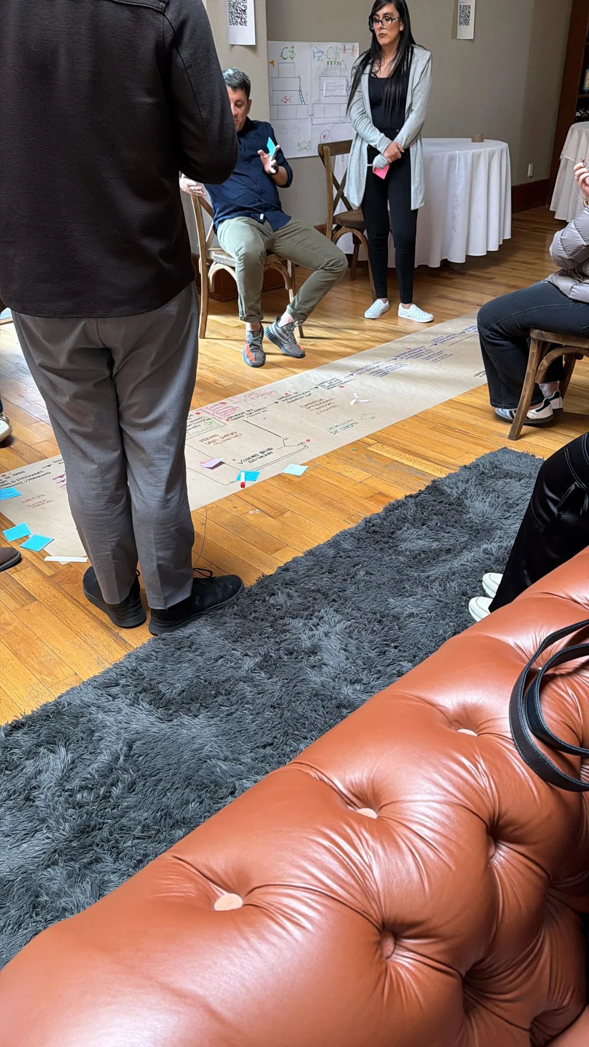 Equipo trabajando un mapa de procesos con notas adhesivas