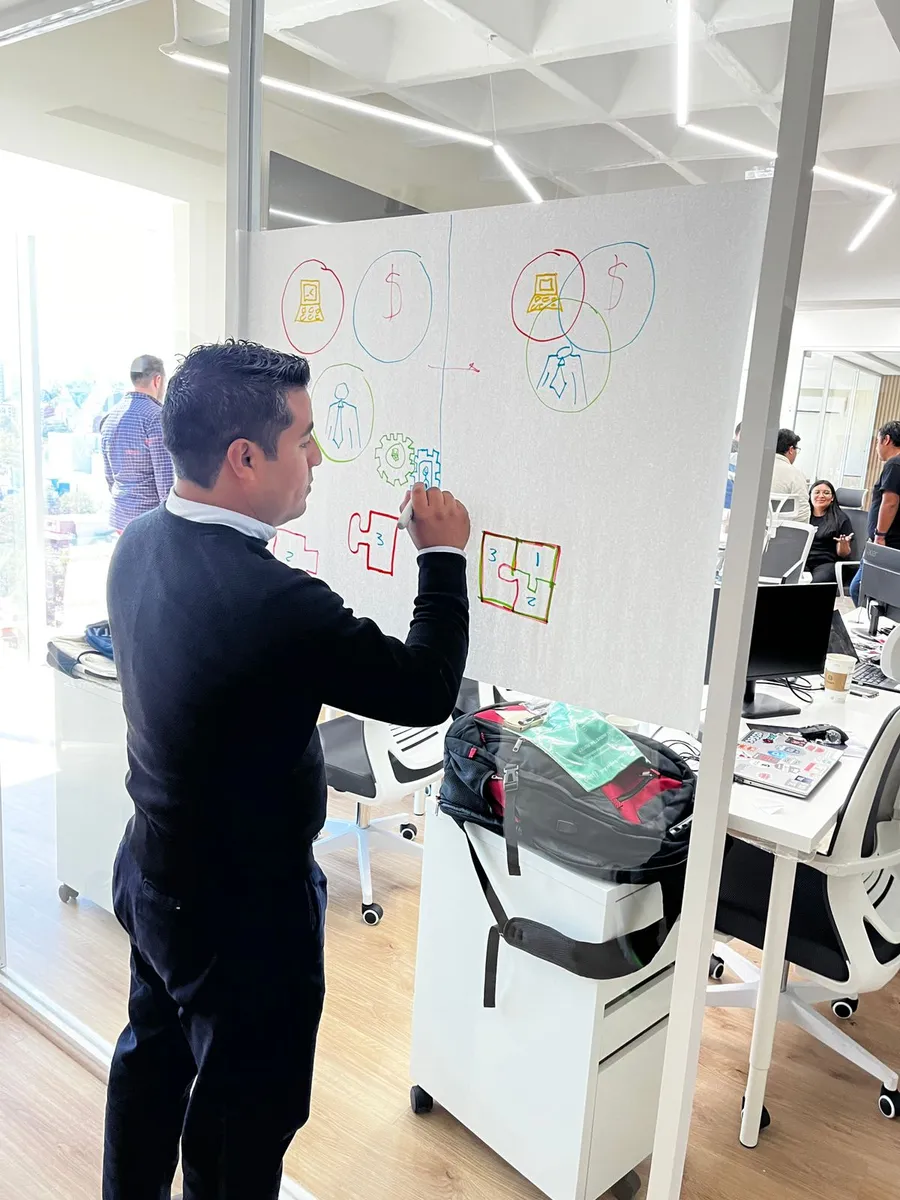 Consultor dibujando un mapa de estrategia en pizarron